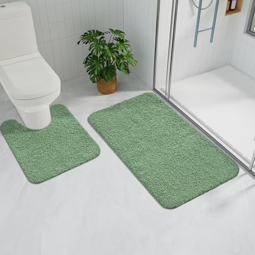 HOMORE Bathroom Rug Set 2 Piece,Soft Absorbent Bath Mats Set,Machine Washable Bath Rug Sets for Bathroom Non Slip,(21"x34"+21"x21") Plush Shaggy U Shape Contour Toilet,Sage Green - color: Sage Green
