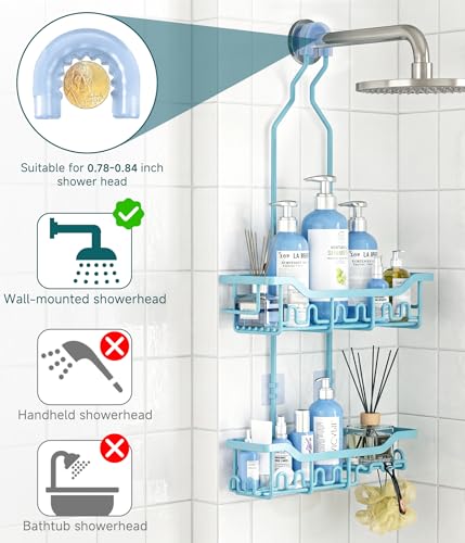 Upgraded Extended Length Shower Organizer with Hooks, Rustproof Shampoo Soap Holder, Large Hanging Bathroom Caddy, Blue - color: Blue