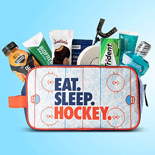 ChalkTalkSPORTS Hockey Toiletry Bag - Eat Sleep Hockey - Ice Rink | Polyester, Center Zipper, Side Handle, 11 x 6 x 5 Inches, Sports Camp Bag, Pencil Case, Dopp Kit, Hockey Gift - color: Eat Sleep Hockey
