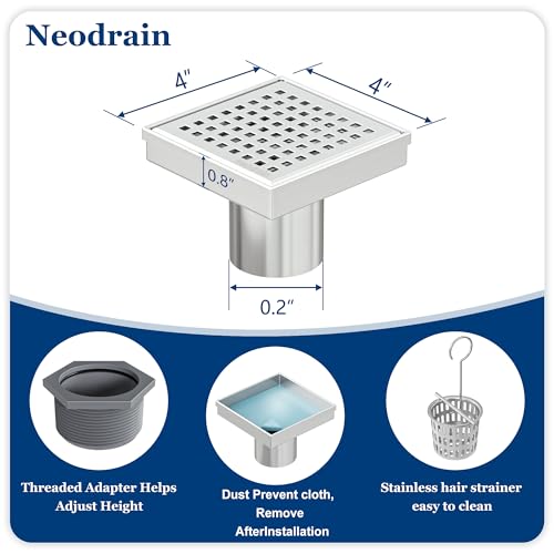 Neodrain Square Shower Drain with Removable Quadrato Pattern Grate, Brushed 304 Stainless Steel Square Drain for Bathroom, with Hair Strainer and Lifting Hook,CUPC Certified (Brushed Nickel, 4 in) - color: Stainless, size: 4 IN