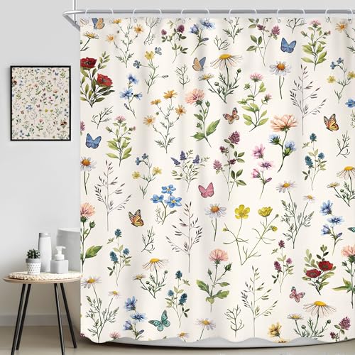 Vintage Floral Shower Curtain 60Wx72L Inch Boho Beige Flowers Colorful Wildflowers Rustic Plants Botanical Herbs Butterfly Girls Bathroom Set Spring Bath Curtain Bathtub Accessories Home Decor - color: D 01 Beige, size: 60"W x 72"L (Pack of 1)