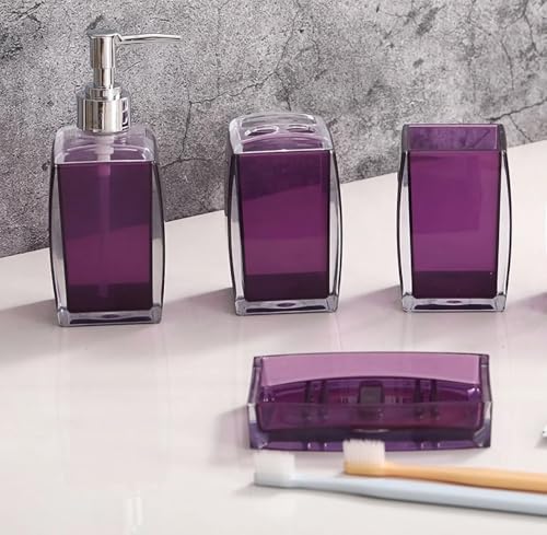 Bathroom Accessories Set,Soap Dispenser,Soap Dish,Toothbrush Holder, Tumbler, Acrylic Bathroom Accessories Set Complete, Modern Bathroom Décor, Gift for Home (PURPLE-4PCS) - color: Purple-4pcs