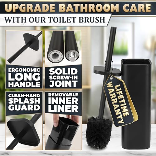 Black Toilet Brush with Square Stainless Steel Holder - Freestanding Toilet Brush and Holder Set Black - Removable Plastic Inner Cup, Splash Guard Cover, Replaceable Head, Corrosion Resistant Finish - color: Black Rounded Square