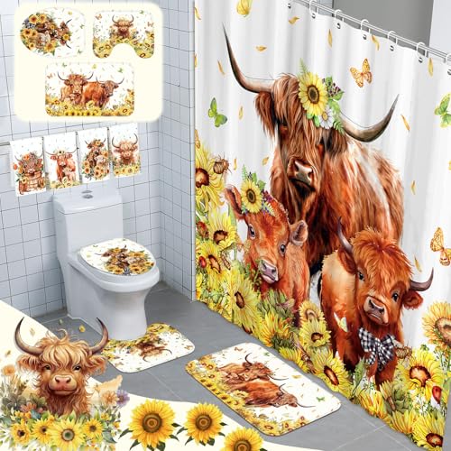 FuWeave 8 Pcs Highland Cow Shower Curtain Sets for Bathroom Sunflower Farm Cattle Shower Curtain Sets Watercolor Floral Bathroom Accessories with Towels Carpet Bath Mat Toilet Rugs and 12 Hooks - color: Highland Cow