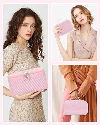 Relavel Travel Makeup Bag, Small Pink Cosmetic Bag with 2 Makeup Brush Holders, Portable Compact Makeup Pouch for Women, Cute Toiletry Bag with Double Layer Organizer, Pink Strip - color: 01-Pink Strip, size: SMALL