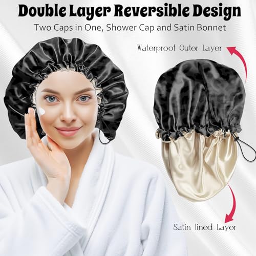 Luxury Shower Cap Satin Lined Reusable Waterproof Double Layer Elastic Adjustable Hair Bath Cap Cute Aesthetic Women Girls-Black Leopard - color: F3-Black Leopard