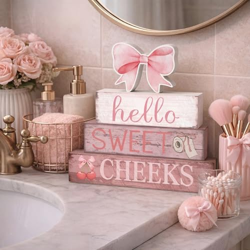 Cinnvoice 4 Pcs Pink Bow Bathroom Decor Farmhouse Bathroom Decoration Hello Sweet Cheeks Table Centerpiece Gift for Christmas Valentines Back to School - style: Pink Bow Hello Sweet Cheeks
