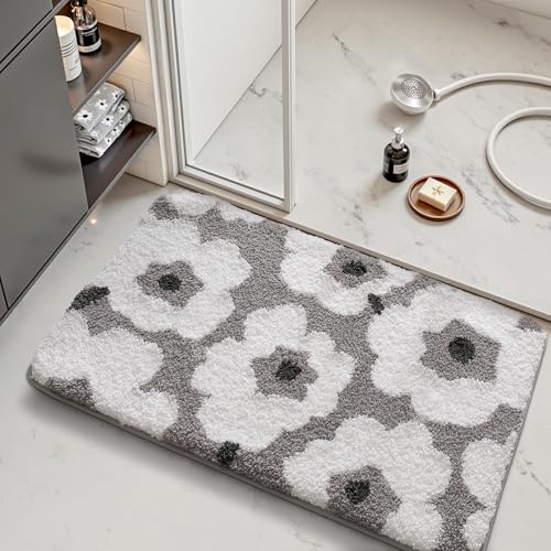 LUMI Bathroom Rugs Cute Floral Design, Soft Absorbent Microfiber Bath Mat Non-Slip, Machine Washable Quick Dry Grey Luxury Rug Flower for Floor, Bathtub, Home Decor, 20"x32" - color: C-white Flower, size: 20"x32"
