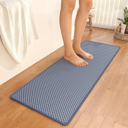 YDKGL Bathroom Runner Non Slip, Extra Soft Absorbent Quick Dry Bath Mats, Foam Weave Texture Thin Bath Rugs Washable with Rubber Backing, 20" x 59“ - color: Blue, size: 20"x 59"