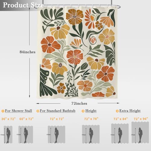 Extra Long Shower Curtain 84 Inches Long, Boho Floral Wildflower Botanical Design, 72x84 Inch XL Polyester Fabric for Bathroom, Vintage Terracotta Funky Retro Aesthetic Decor, 12 Hooks - color: Orange, size: 72"W x 84"L (Pack of 1)