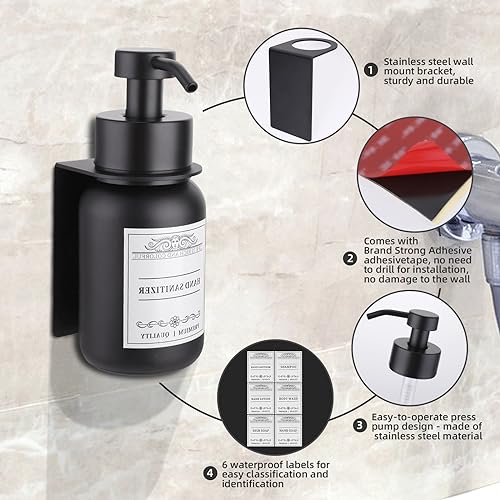 Black Glass Soap Dispenser Wall Mount for Bathroom with Pump and Drill-Free Holders - 8.5 Oz Hand Soap Dispenser, Shower Dispenser with Waterproof Labels | Heavy-Duty & Rust-Proof: Stainless steel pump & bracket, thick glass bottle, leak-resistant & smoot