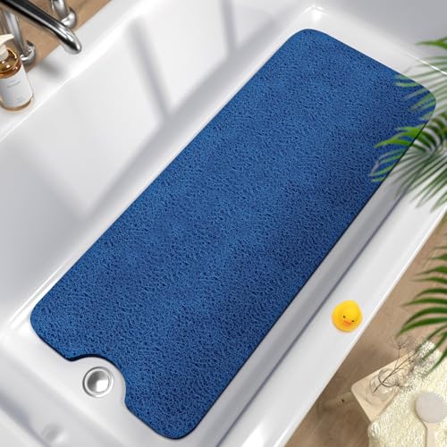 HITSLAM Non Slip Bathtub Mat 40 x 16 Inch, Extra Long Bath Mat for Tub, Soft PVC Loofah Shower Floor Mat with Drain, Quick Drying Bathroom Tub Mat for Wet Area, Without Suction Cup, Blue - color: Blue, size: 40" x 16" (Rectangular)
