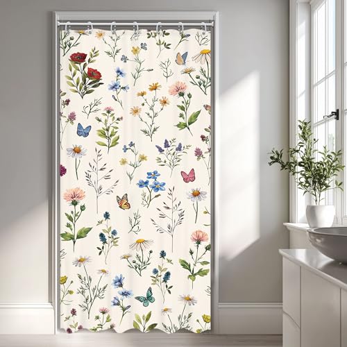 Vintage Floral Shower Curtain 36Wx72L Inch Small Stall Wildflower Spring Cute Flower Rustic Botanical Herbs Plant Pretty Aesthetic Bathroom Set Girls Bath Curtain Bathtub Accessories Home Decor - color: D 01 Beige, size: 36"W x 72"L (Pack of 1)