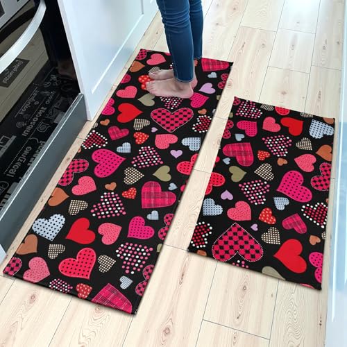 Valentine's Day Kitchen Rugs Set 2 Pcs Love Heart Washable Runner Rug Non Slip 17"x47"+17"x30", Colorful Valentines Day Comfort Kitchen Floor Mat for Anniversary Wedding Party Home Decor - color: Colorful Love Hearts