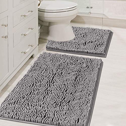 H.VERSAILTEX Original Luxury Chenille Bathroom Rug Mat (32" x 20"/20" x 20"), Extra Soft & Absorbent Shaggy Rugs, Machine Wash/Dry, Perfect Plush Carpet Mats for Tub (Curved Set, Gray) - color: Grey, size: 20" x 32" Plus 20" x 20"