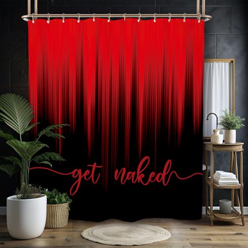 Miyotaa Black Red Modern Shower Curtain Set 60Wx71H Inches Elegant Funny Get Naked Cool Simple Contemporary Abstract Striped Polyester Waterproof Bathroom Curtain with 12 Hooks - color: Black Red Get Naked, size: 60"W x 71"L (Pack of 1)