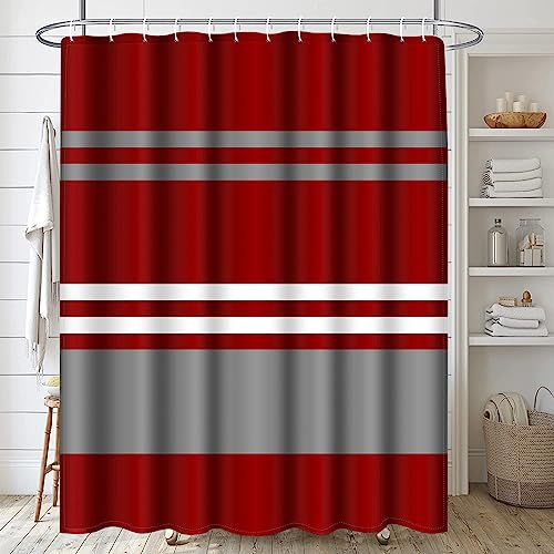 ArtSocket Red Bathroom Set with Shower Curtain and Rugs and Accessories, Burgundy Stripes Grey Shower Curtain Set, Modern Boho Bathroom Decor 3 Pcs - color: Modern 11