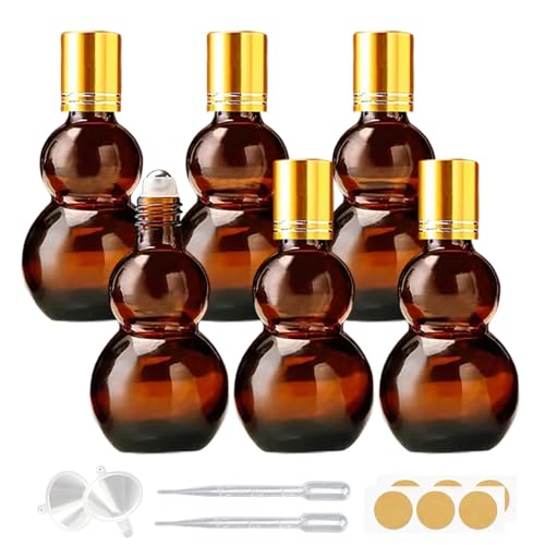 Essential Oil Roller Bottles, 50ml Amber Gourd Shaped Glass Roller Bottles with Stainless Steel Roller Ball, for Travel,Perfume (Amber-Gold Cap, 50ML) - color: Amber-Gold Cap, size: 50ML
