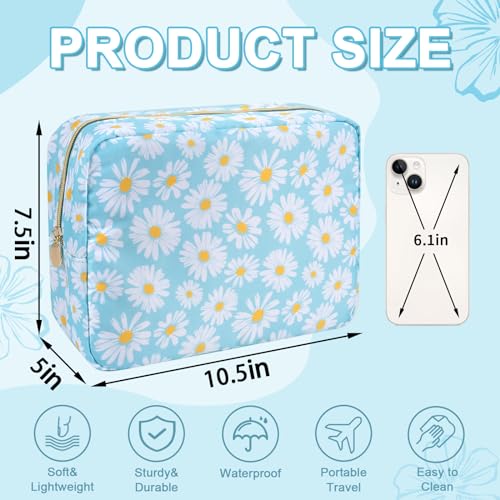 UIXIZQ Waterproof Large Floral Makeup Pouch,Nylon Travel Toiletry Storage Purse Preppy Cosmetic Bag for Women Girl,Large Capacity Makeup Organizer Zipper Pouch for Work(L Blue-Daisy) - color: Blue-Daisy, size: Large
