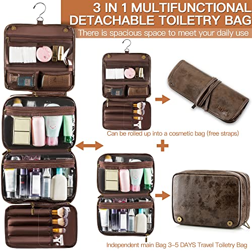 Elviros Hanging Toiletry Bag Removable Travel Bag PU leather Makeup Cosmetic Organizer Kit, Coffee | Removable Travel Organizer Bag for Cosmetics, Toiletries, Makeup Tools, and Daily Essentials with Easy Carry Design - color: Coffee, size: 1 Pack