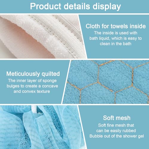 3 Pcs Exfoliating Bath Set with Back Scrubber Strap Shower Glove and Loofah Sponge for Deep Body Cleaning and Full Body Exfoliation(Blue) - color: Blue