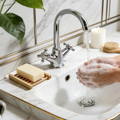 Bar Soap Holder for Shower 2Pcs, Round and Square Bamboo Soap Dish Saver Tray, Self Draining Countertop Soap Tray, Water Resistant Natural Wood Soap Saver Container for Bathroom Kitchen