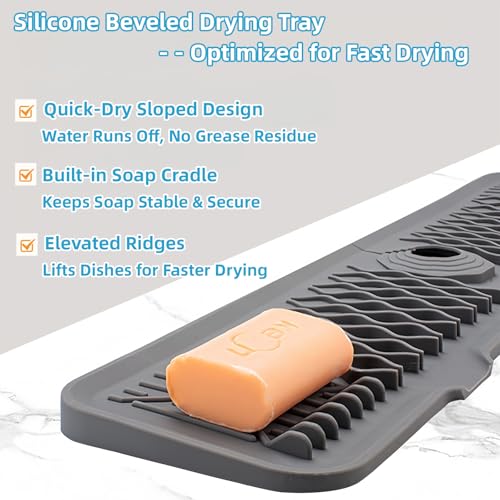 Silicone Faucet Handle Drip Catcher Beveled Drying Tray Mat Dish Soap Sponge Holder Accessories Gadgets for Kitchen Counter Bathroom Kitchen Sink Splash Guard (16.9") - size: 16.9" x 5.7"