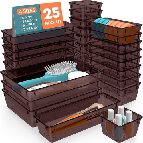 SpaceHacks 25 PCS Plastic Drawer Organizer Set, 4-Size Versatile Organizer Trays & storage Bins for Makeup, Jewelry, and Gadgets in Bathroom, Bedroom and Office,Brown - color: Brown