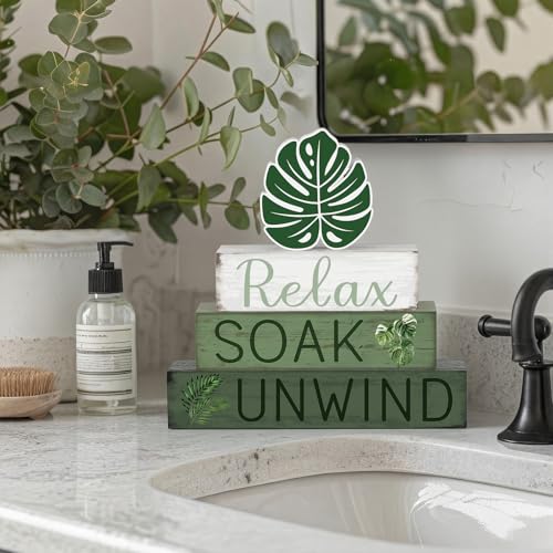 Cinnvoice 4 Pcs Tropical Palm Leaves Bathroom Decor Farmhouse Bathroom Decoration Relax Soak Unwind Table Centerpiece Gift for Christmas Valentines Back to School - style: Tropical Relax Soak Unwind