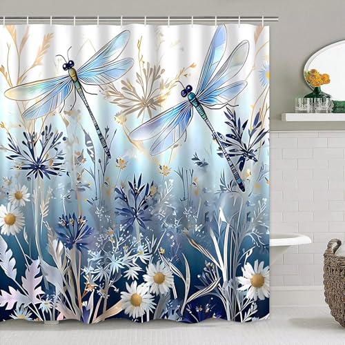 DDQQ 4Pcs Blue Flower Dragonfly Shower Curtain Set with Rugs, Floral Plant Neutral Bathroom Decor Set Waterproof Bathtub with Carpet Bath Mat Toilet - color: Blue