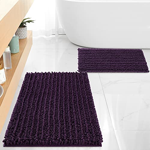 FLOLEOPA Luxury Chenille Plum Bathroom Rugs Bath Mats Sets, Extra Soft and Absorbent Bathroom Rugs Non Skid Machine Wash Dry Bath Mats（32"x20" Plus 17"x24"） - color: Plum, size: 32"x20" Plus 17"x24"