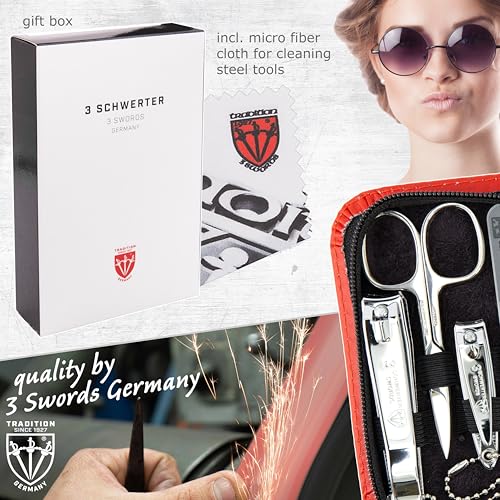 3 Swords Germany – brand quality 8 piece manicure pedicure grooming kit set - color: RED - GENUINE LEATHER