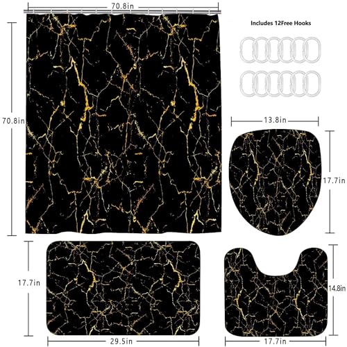 AZHM 4Pcs Shower Curtain Sets Black and Gold Marble Bathroom Sets with Shower Curtain and Rugs and Accessories Luxury Bathroom Curtain Decor Sets with 12 Hooks