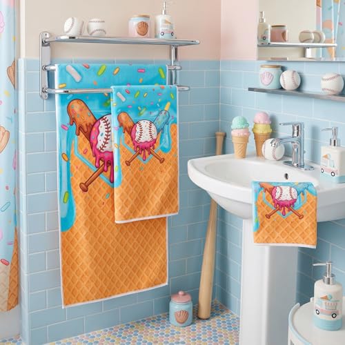 Moukeren Set of 3 Ice Cream Drip Baseball Bath Towels Baseball Bath Towel Hand Towel and Washcloth Soft Absorbent Ice Cream Drip Party Supplies for Summer Beach Swimming Party Favors Birthday Gifts - style: Ice Cream Drip