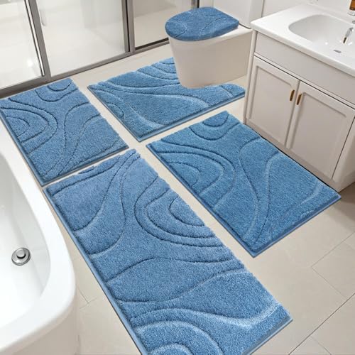 HEBE Bathroom Rugs Sets 5 Piece, Soft Absorbent Microfiber Bath Mat for Bathroom, Non Slip Washable Bath Rug Set with Toilet Cover, Bath Runner and U-Shaped Contour Toilet Rug, Blue - color: Blue, size: 18"x26"+20"x32"+20"x48"+U20"x24"+Cover19"x21"