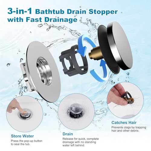 Hibbent 2 Pack 3 in 1 Metal Bathtub Drain Stopper, Universal Pop Up Tub Stopper with Removable Filter Basket, Anti-Clogging Bathtub Hair Catcher for 1.5''~2.4'' Drain, Brass Bullet Core, Chrome - color: Chrome Finish