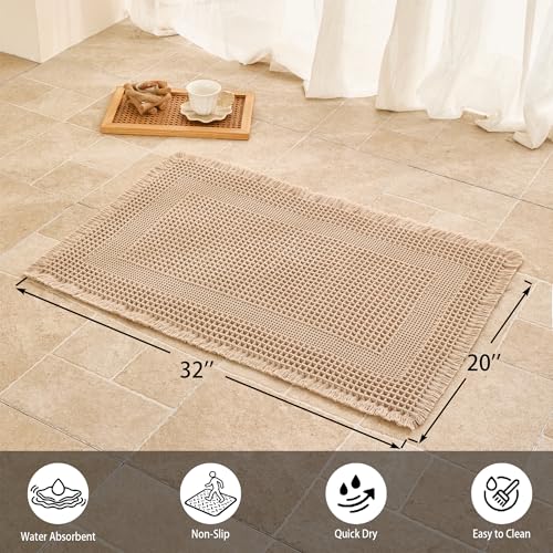Waffle Bath Mat Non Slip, Boho Bathroom Rug, Super Absorbent Quick Dry Bathroom Mat, Soft Farmhouse Bath Rug with Tassels, Small Washable Shower Mats for Floor 20"x32", Square Brown - color: Square Brown, size: 1'8" x 2'8" (Rectangular)