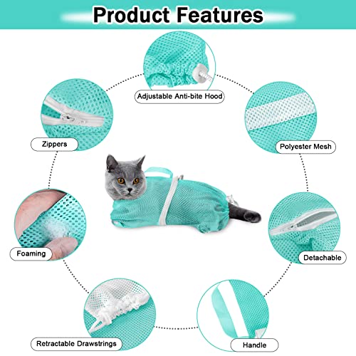 JULMELON 10 PCS Cat Washing Bag for Bath Shower Adjustable Net Grooming Set | Pet Brush Nail Clipper File, Hair Combs Tick Tool, Nail Caps, Bathing Trimming Examination, Pink and Green - color: Pink+Green