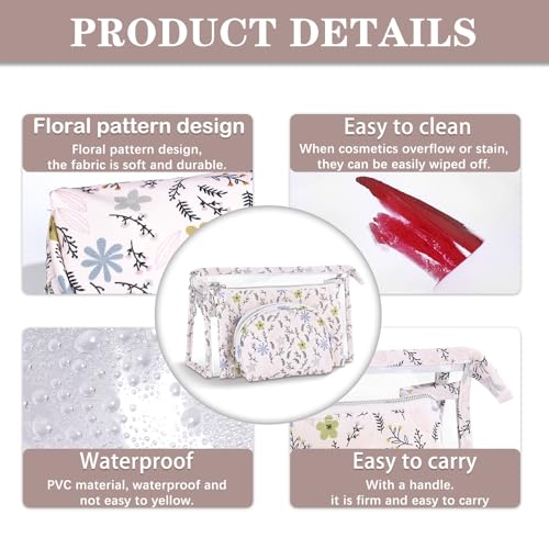 Richeart Makeup Bag, Clear Bag with Zipper, 3PC Floral Flowers Makeup Pouch, Waterproof Small Pouch, Portable Travel Toiletry Bag, D - style: D