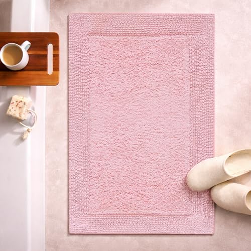 Bedding Craft Cotton Bath Mat Rug 21x34, Reversible Bathroom Rug, Water Absorbent, Machine Washable, Soft Cloth Bathmat for Outside Bathtub, Chalk Pink - color: Chalk Pink, size: 1'9" x 2'10" (Rectangular)