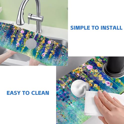 Abstract Watercolor Floral Kitchen Sink Splash Guard Mat Absorbent Fast Drying Mat Faucet Draining Mat Sink Splash Guard Behind Faucet Drip Catcher for Kitchen Bathroom 5.5"×24" - size: 24" x 24"