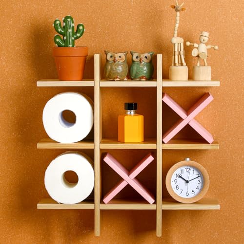 Weysat Tic Tac Toe Toilet Paper Holder Stand Bathroom Wall Decor Rustic Wooden Hanging Storage Freestanding Wall Mounted Shelves Decor for Toilet Tissue Farmhouse(Wood Color, Pink) - color: Wood Color, Pink
