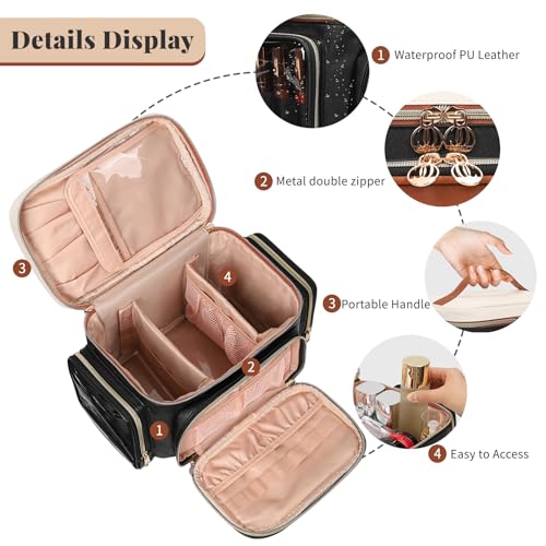 Bagmoly Large Makeup Bag, Portable Travel Makeup Bag Organizer for Women Girls with Makeup Brush Compartment & Two Side Pockets, Cosmetic Travel Bag Vertical Storage Toiletry Bag- Brown - color: 02-Black Brown, size: Medium