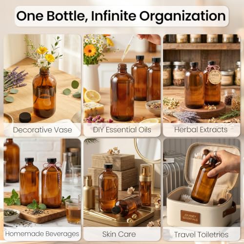 TBWIND 15 Pack 16oz Amber Glass Boston Round Bottles with Airtight Caps | Designed for Homemade Vanilla Extract, Kombucha, Syrups, Herbal Liquids & Tinctures with Droppers, Labels & Funnels - size: 16oz