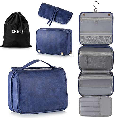 Elviros Hanging Toiletry Bag for Men PU Leather Shaving Dopp Kit (Blue) | 3-in-1 Waterproof Travel Organizer with Separate Compartments for Grooming Items, Toiletries, and Daily Essentials - color: Blue, size: 1 Pack