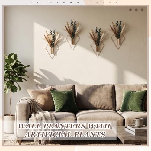 Jexine 4 Pcs Hanging Planters with Artificial Pampas Metal Hanging Vase Indoor Plants Holder Modern Geometric Boho Bathroom Wall Decor for Living Room Home Office, Antique Copper - color: Antique Copper, size: Pampas