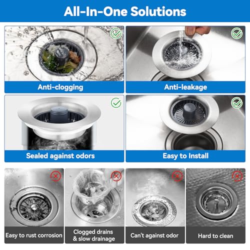 Upgraded 3-in-1 Kitchen Sink Drain Strainer, Stainless Steel Pop Up Kitchen Sink Stopper, Drain Plug for 3.5 Inch Sink Drain Hole, with Anti-Clogging Sink Strainer Basket Filter, Brushed Silver