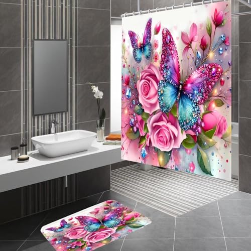 DDQQ 4Pcs Pink Glitter Floral Shower Curtain Set Rose Bathroom Sets Butterfly Diamond Shower Curtain with 12 Hooks Bathroom Decor with Rugs Bath Accessories with Mats Toilet Lid Cover - color: Red