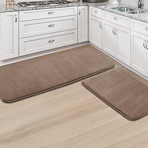 H.VERSAILTEX Kitchen Mat 2 PCS Non Slip Memory Foam Flannel Velvety Kitchen Runner Rug Set for Floor Standing Rugs(47" x 17" + 24" x 17", Taupe) - color: Taupe, size: 47" x 17" Plus 17" x 24"