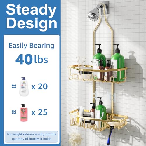 Shower Caddy, Extended Length Shower Organizer with Hooks, Rustproof Shampoo Soap Holder, Large Hanging Bathroom Caddy, Gold - color: Gold - 2 Tier - Standard